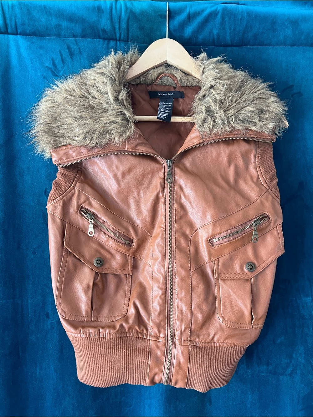 Vintage Y2K Tan Faux-Leather Vest with Faux-Fur Hood